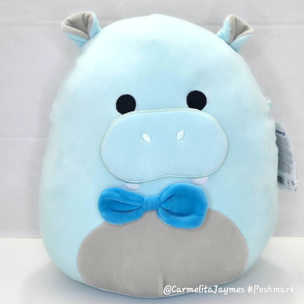 🥇 HANK 🦛 FTM HTF 12" Aqua & Gray Hippo w Dark Blue Bow Tie Squishmallow NWT